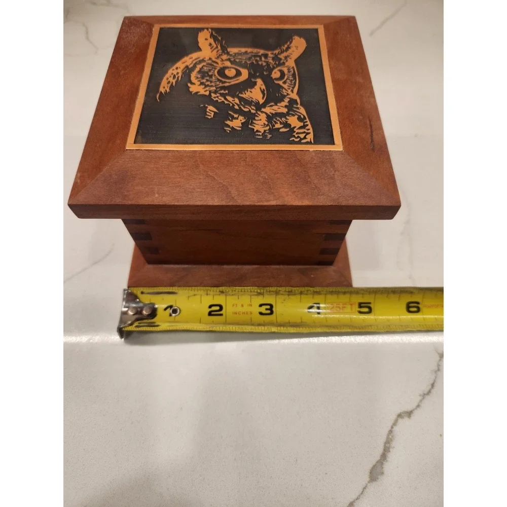 Hand Made Wood Lidded Trinket  Jewelry Box With‎ Copper Etched Horned Owl On Lid
